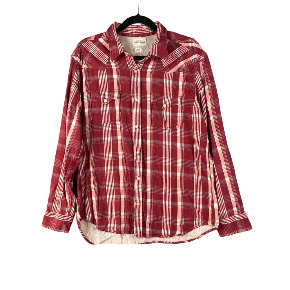 Lucky Brand Mens Size L Plaid Red Cream Long Sleeve Button Up Shirt